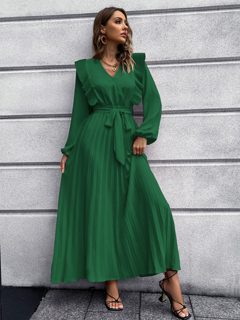 Pleated Surplice Tie Waist Maxi Dress Trendsi