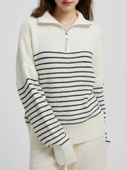 Striped Half Zip Long Sleeve Sweater Trendsi