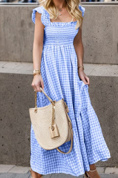 Full Size Smocked Ruffled Plaid Ruffle Hem Dress Trendsi