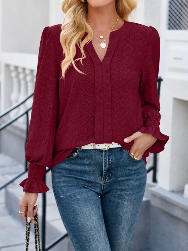 Eyelet Notched Flounce Sleeve Blouse Trendsi