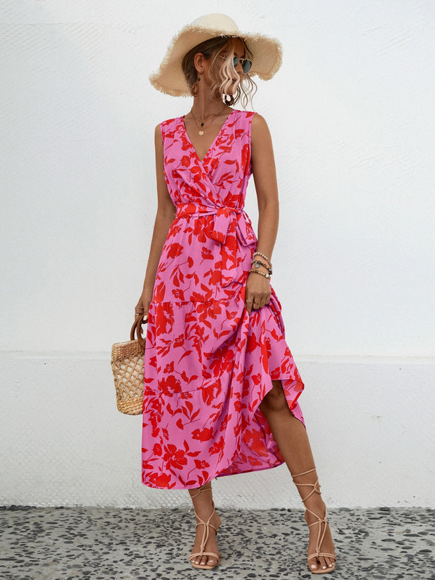 Tied Printed Surplice Tiered Dress Trendsi