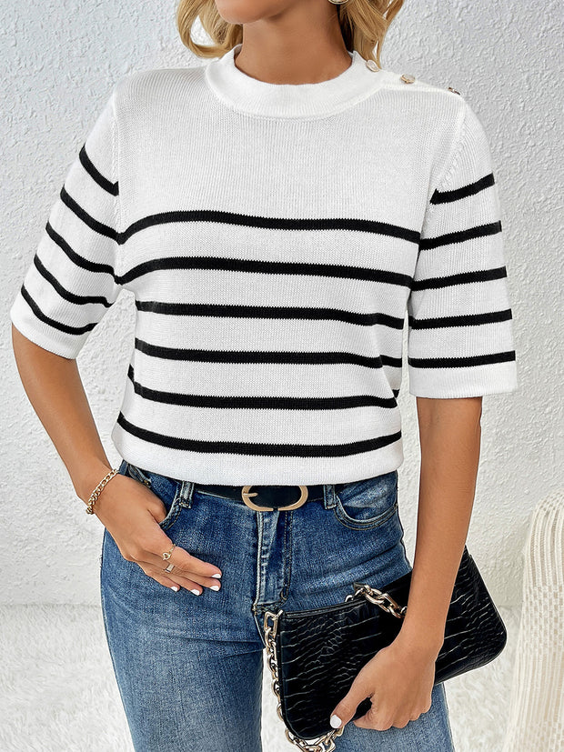 Striped Round Neck Half Sleeve Knit Top Trendsi