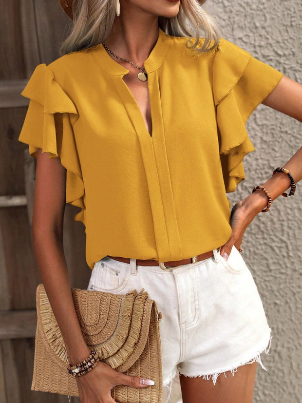 Ruffled Notched Short Sleeve Blouse Trendsi