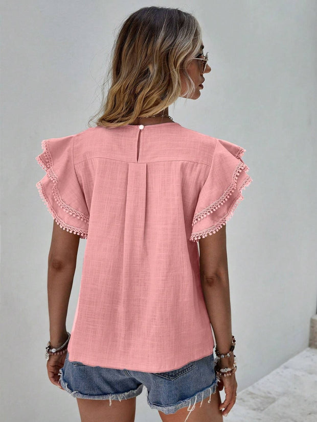 Ruffled Cap Sleeve Round Neck Blouse Trendsi