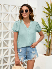 Swiss Dot Lace Detail V-Neck Blouse Trendsi