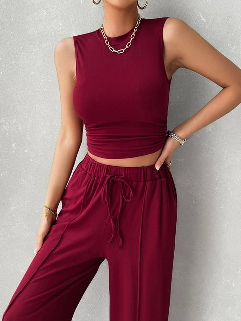 Mock Neck Sleeveless Top and Drawstring Pants Set Trendsi