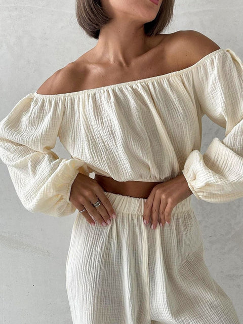 Off Shoulder Long Sleeve Top and Pants Set Trendsi