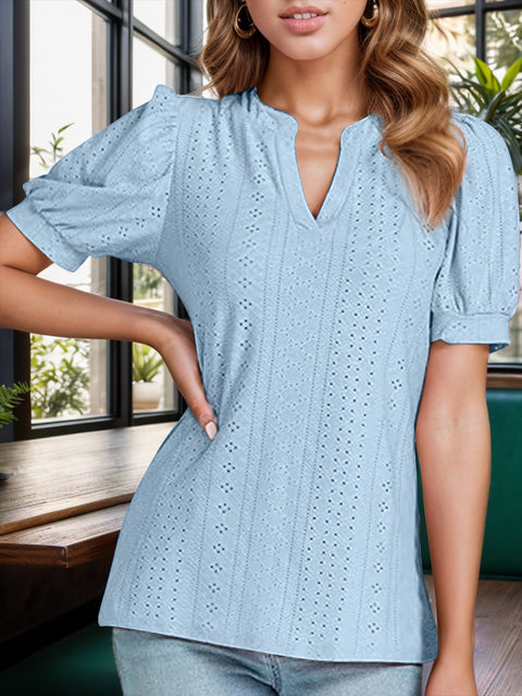 Eyelet Notched Short Sleeve Blouse Trendsi