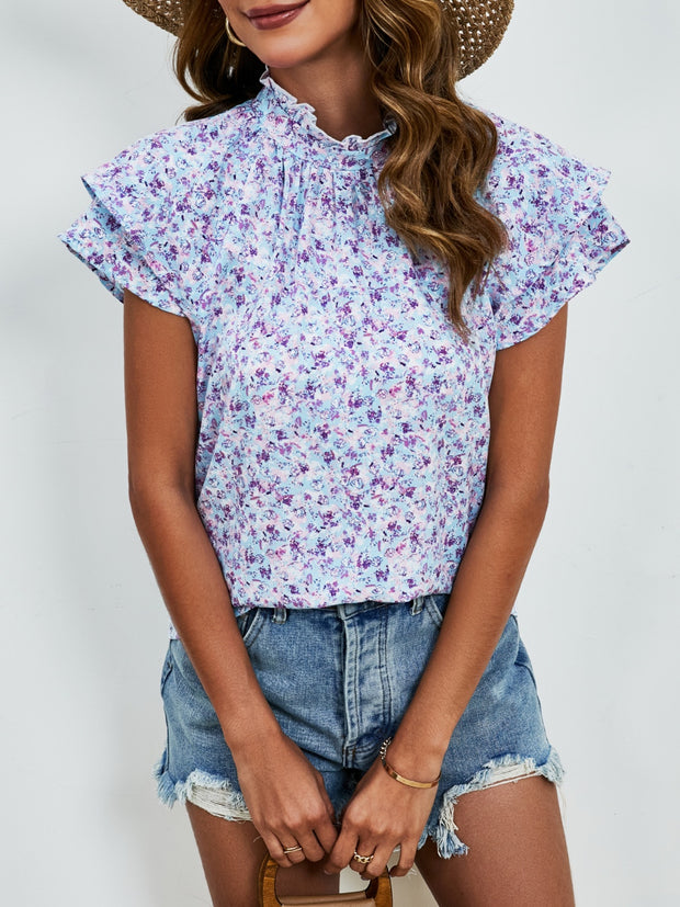 Ditsy Floral Mock Neck Flounce Sleeve Blouse Trendsi