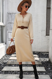 Decorative Button Notched Dropped Shoulder Sweater Dress Trendsi