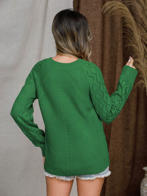 Openwork Round Neck Raglan Sleeve Sweater Trendsi