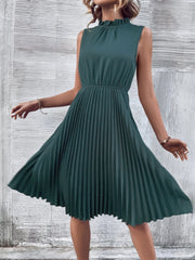 Pleated Frill Mock Neck Sleeveless Dress