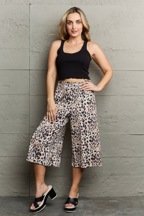 Ninexis Leopard High Waist Flowy Wide Leg Pants with Pockets Trendsi