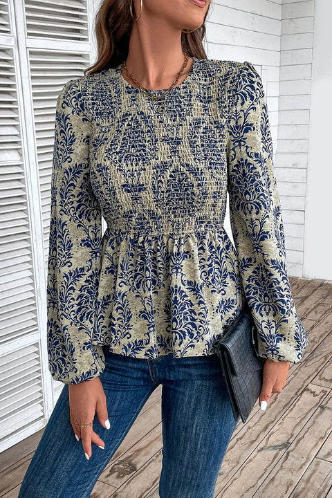 Smocked Printed Balloon Sleeve Blouse Trendsi