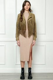 Veveret Suede Fringe Long Sleeve Moto Jacket Trendsi