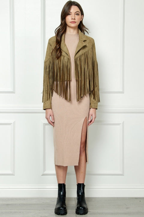 Veveret Suede Fringe Long Sleeve Moto Jacket Trendsi