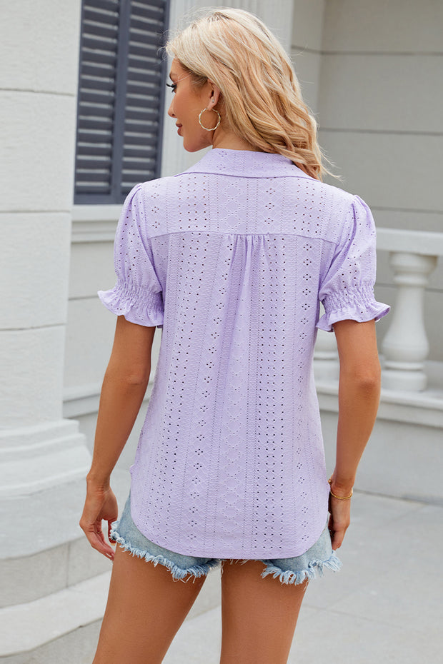 Eyelet Johnny Collar Short Sleeve Blouse Trendsi