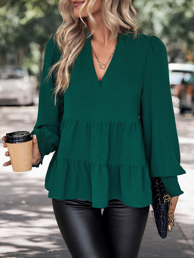 Notched Neck Lantern Sleeve Blouse Trendsi