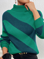 Striped Turtleneck Dropped Shoulder Sweater Trendsi