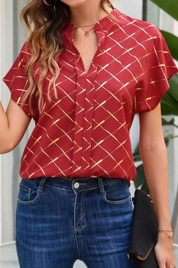 Printed Notched Short Sleeve Blouse Trendsi