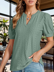 Eyelet Notched Short Sleeve Blouse Trendsi