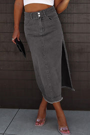 Raw Hem Slit Pocketed Midi Denim Skirt Trendsi