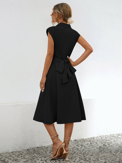 Button Up Cap Sleeve Midi Dress Trendsi