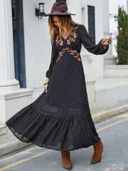 Embroidered V-Neck Long Sleeve Dress Trendsi