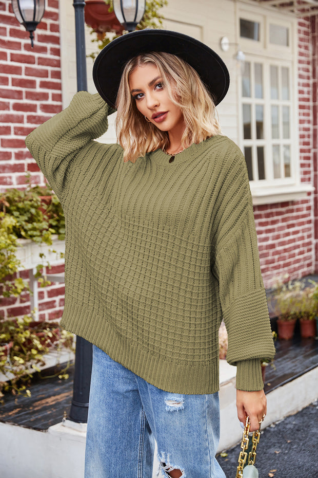 Ribbed Drop Shoulder Lantern Sleeve Sweater Trendsi