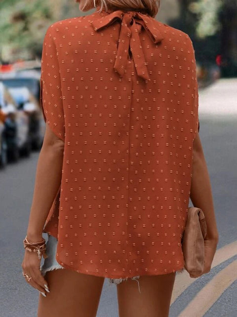 Swiss Dot Mock Neck Half Sleeve Blouse Trendsi