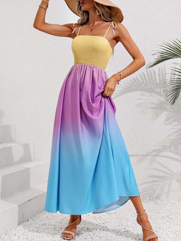 Color Block Tie Shoulder Smocked Maxi Dress Trendsi