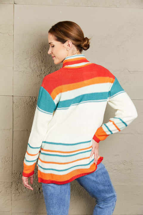 Woven Right Striped Turtleneck Drop Shoulder Sweater Trendsi