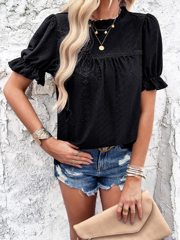 Eyelet Mock Neck Flounce Sleeve Blouse Trendsi