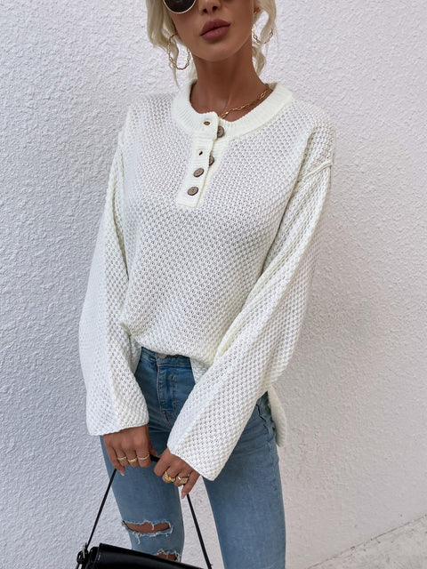 Quarter-Button Slit Sweater Trendsi