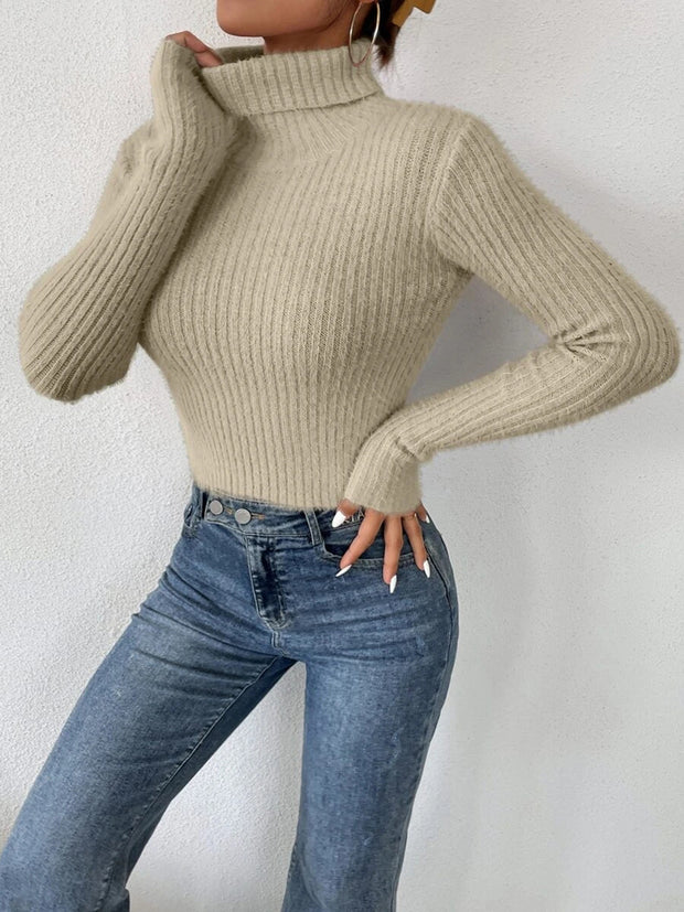 Ribbed Turtleneck Long Sleeve Sweater Trendsi