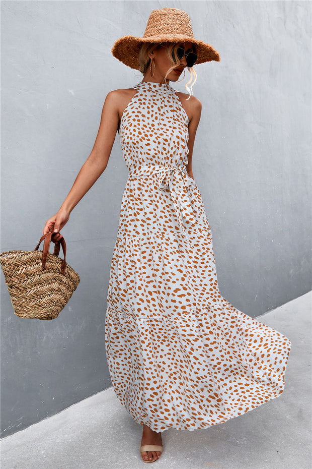 Printed Sleeveless Tie Waist Maxi Dress Trendsi