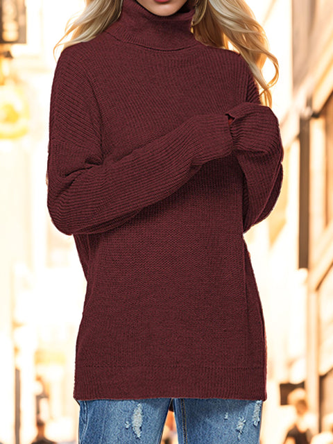 Turtleneck Drop Shoulder Long Sleeve Sweater Trendsi