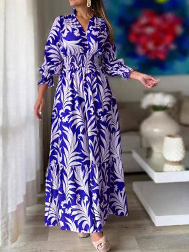 Printed Flounce Sleeve Maxi Dress Trendsi