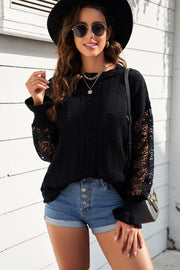 Openwork Lantern Sleeve Dropped Shoulder Sweater Trendsi