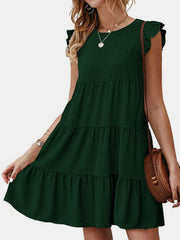 Ruffled Round Neck Cap Sleeve Mini Dress