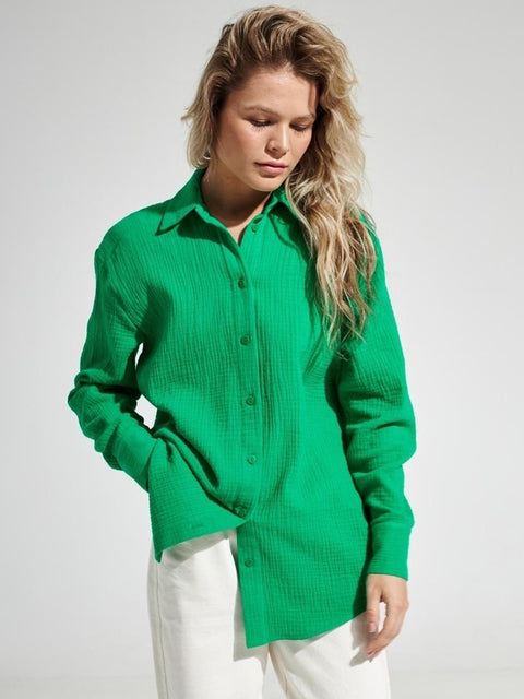 Textured Collared Neck Long Sleeve Shirt Trendsi