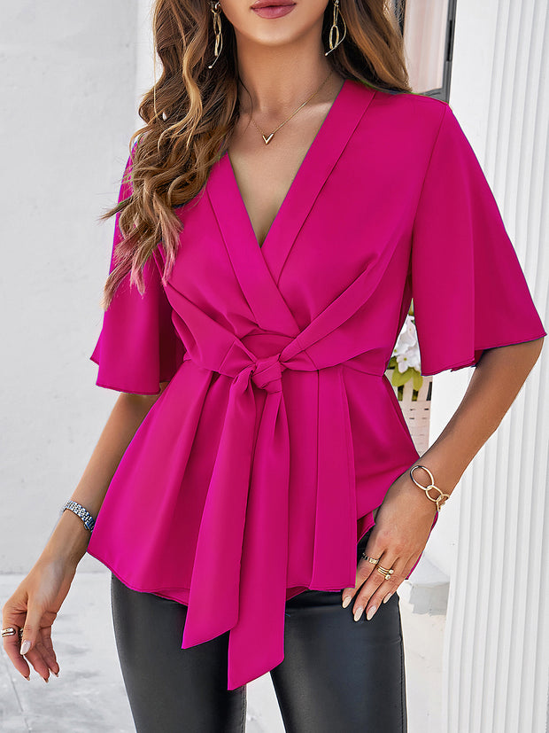 Surplice Tie Waist Half Sleeve Blouse Trendsi