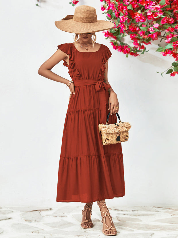 Tie Belt Ruffled Tiered Dress Trendsi