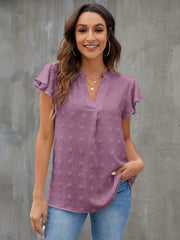 Swiss Dot Notched Flutter Sleeve Blouse Trendsi