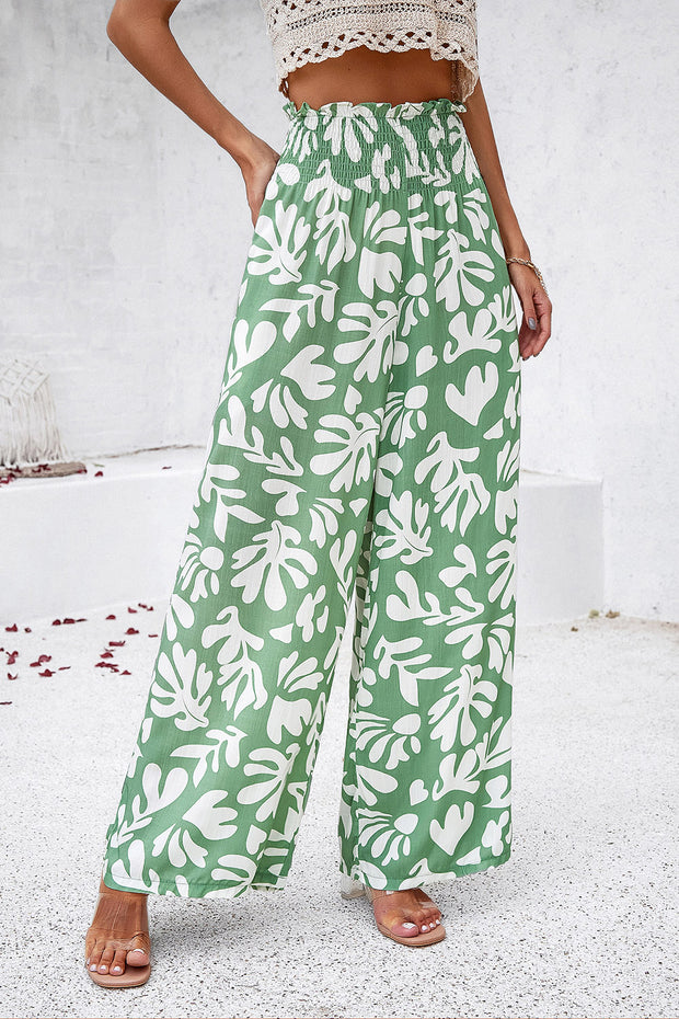 Smocked Printed Wide Leg Pants with Pockets