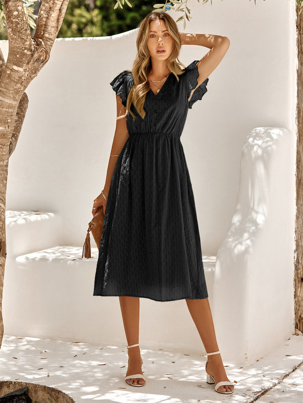 V-Neck Flutter Sleeve Midi Dress Trendsi