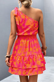 Tied Smocked Printed Single Shoulder Dress Trendsi