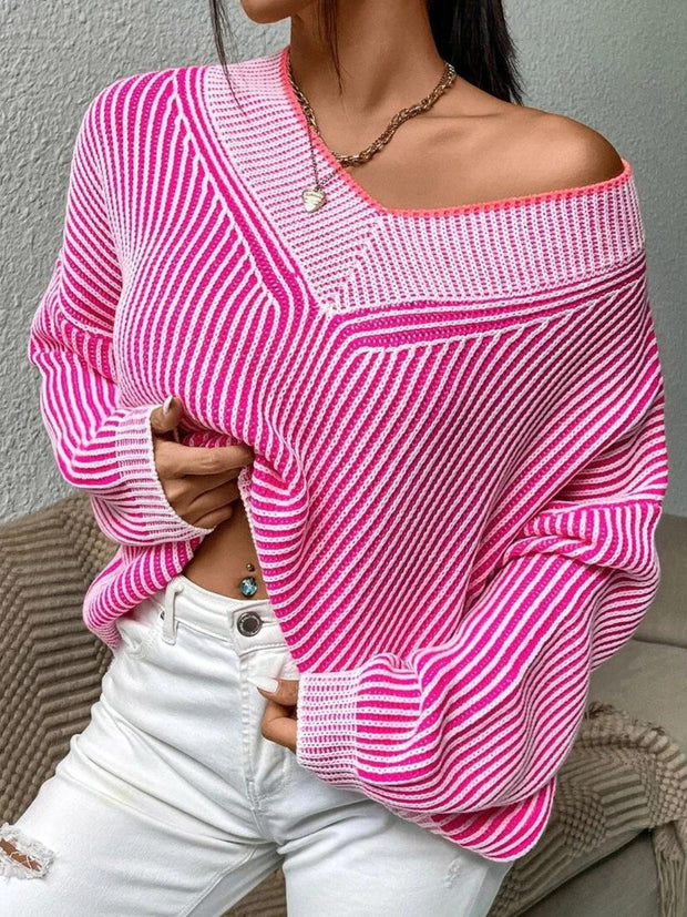 Striped V-Neck Long Sleeve Sweater Trendsi