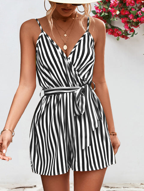 Striped Tie Waist Spaghetti Strap Romper Trendsi