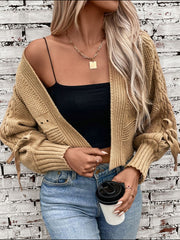 Cable-Knit Tied Open Front Lantern Sleeve Cardigan Trendsi